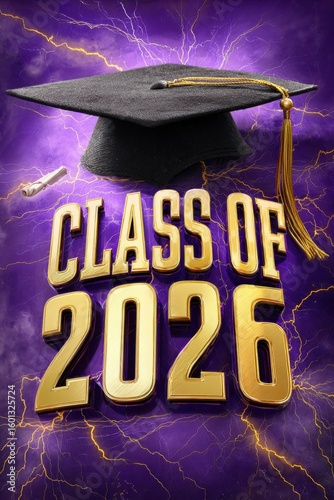 Stylish Class of 2026 Graduation Design with Golden Text and Cap on Striking Purple Background on transparent background