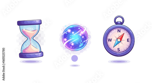 An illustration of a compass, hourglass, and a crystal ball, on a isolated background.