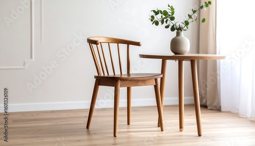 Wooden chair and small table in a bright room
