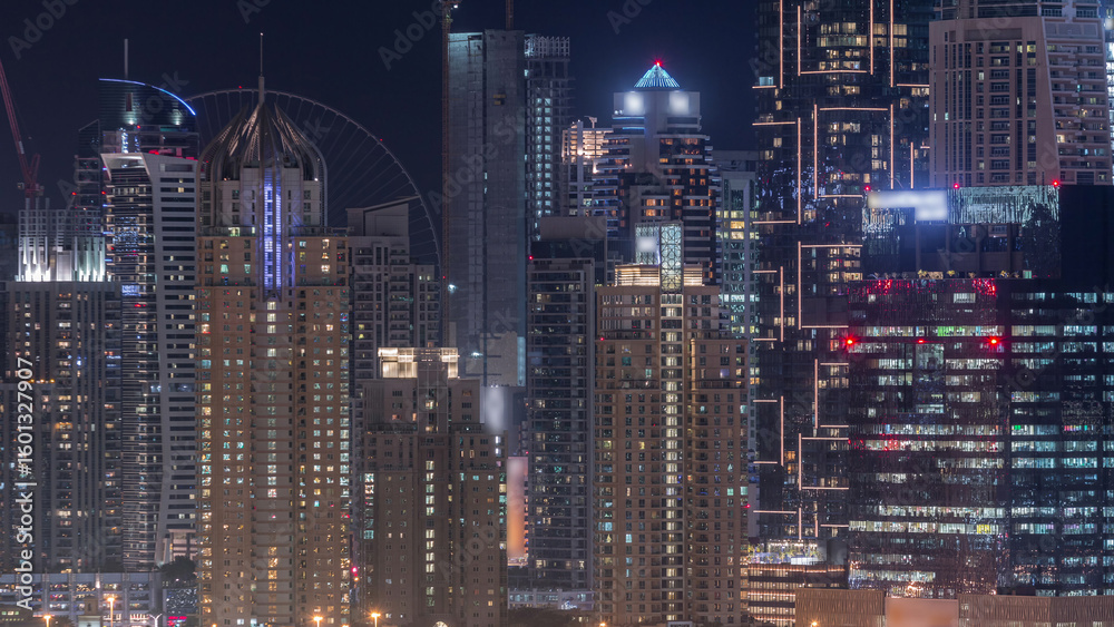 Dubai Marina skyscrapers near golf course night timelapse, Dubai, United Arab Emirates Dubai Marina skyscrapers near golf course night timelapse, Dubai, United Arab Emirates