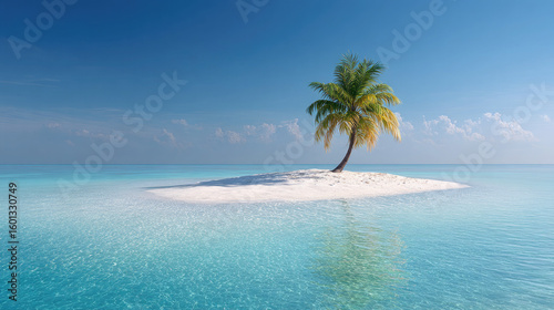 A single palm tree on a small white sand island surrounded by turquoise water under a clear blue sky