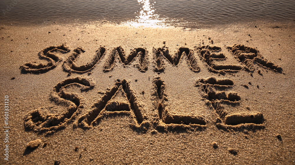 Fototapeta premium Summer Sale Message Written Boldly in Sand Across Wide Format – Perfect for Seasonal Website Banners or Digital Ads