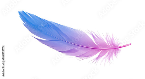 A single feather with a gradient from blue to purple isolated against a white background is shown created with generated ai