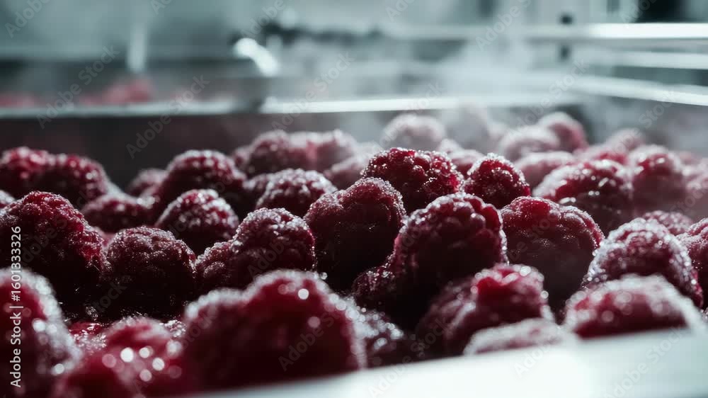 Frozen Red Raspberry Close-up of frozen red raspberries. Fresh berries stored for later use ...