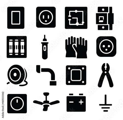 Electricity silhouette icon set. featuring switch, socket, circuit, breaker, plug, fuse, gloves, fan.