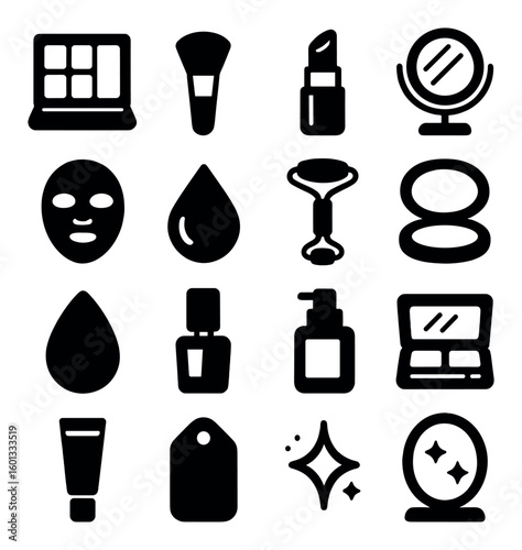 Beauty silhouette icon set. includes makeup, lipstick, mirror, cream, perfume, facial mask, and more.