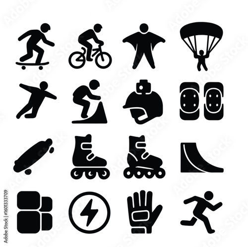 Sports silhouette icon set: skateboarding, cycling, skiing, paragliding, inline skating, climbing, running