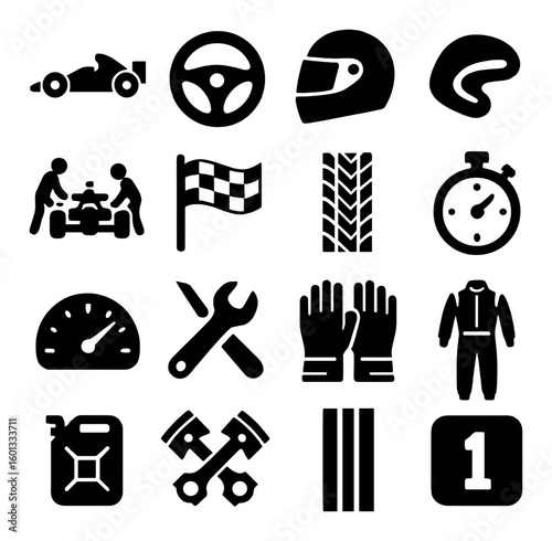 Racing silhouette icon set. featuring car, helmet, track, pit crew, flag, tire, stopwatch, gloves, suit.