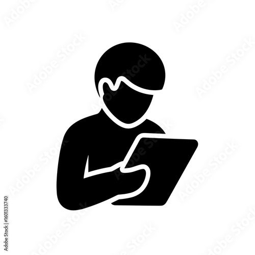 Silhouette of a boy holding a tablet and looking at the screen. Vector graphic.

