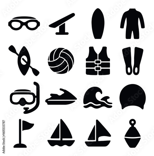 Water sports silhouette icon set. including kayak, surfboard, jetski, sailboat, swimwear, fins, buoy, goggles.