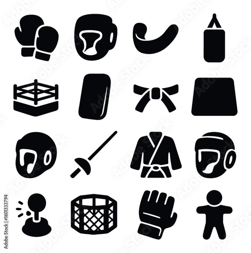 Martial arts silhouette icon set. includes gloves, helmet, ring, belt, boxing bag, uniform, weapons, tatami