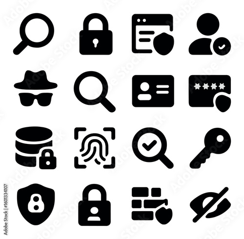 Security silhouette icon set: lock, search, shield, key, fingerprint, user, database, firewall, spy, privacy