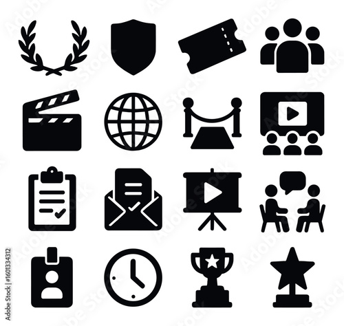 Business silhouette icon set. containing meeting, globe, award, shield, ticket, presentation and more.