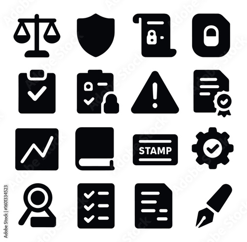 Legal silhouette icon set. includes scales, shield, contract, lock, checklist, warning, certificate, gear, magnifying glass