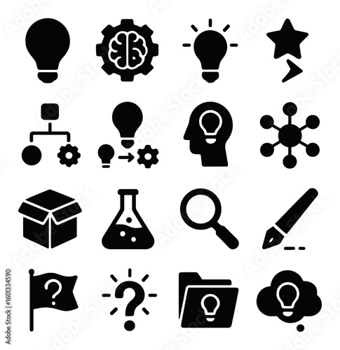 Innovation silhouette icon set. containing lightbulb, star, gear, brain, flag, cloud, magnifier, folder, flask, box, hierarchy.