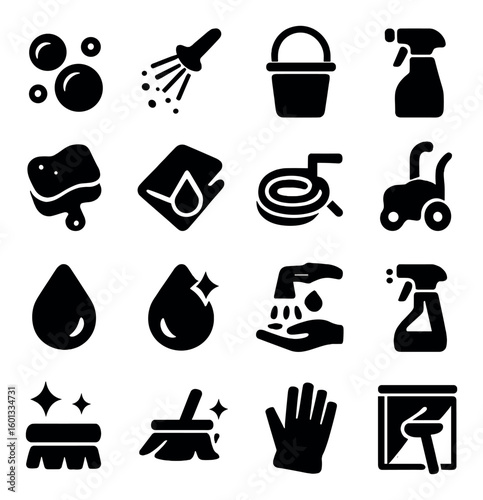 Cleaning silhouette icon set. featuring soap, spray, mop, bucket, sponge, brush, gloves, and more.