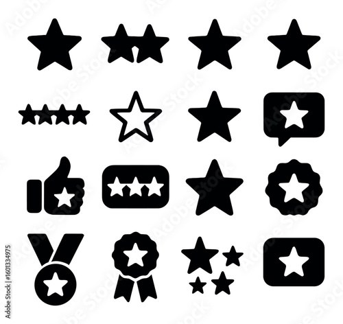 Rating silhouette icon set: stars, thumbs up, comments, medals, badges, reviews