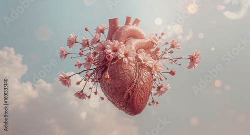 Anatomical heart adorned with pink cherry blossoms against a soft blue and cloudy sky backdrop