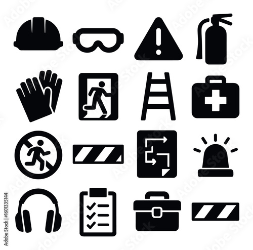 Safety silhouette icon set. containing helmet, goggles, warning, extinguisher, first aid, ladder, and more.
