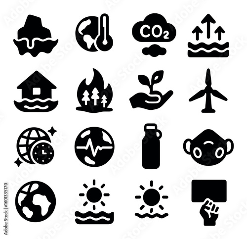 Climate change silhouette icon set: flood, temperature, co2, rising sea, deforestation, renewable energy, more