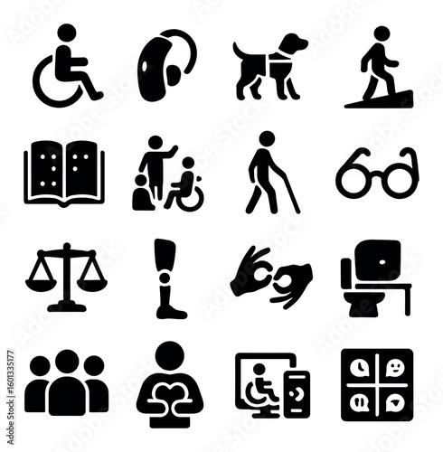 Accessibility silhouette icon set. icons include wheelchair, hearing aid, guide dog, braille, prosthetic leg, and more.