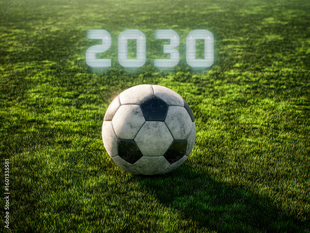 Obraz premium Soccer ball on a green field with a futuristic 2030 digital overlay