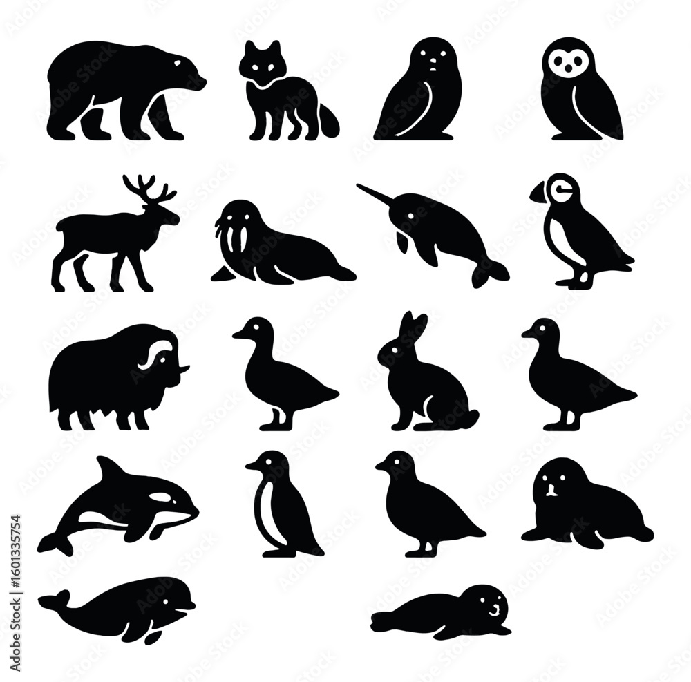 Fototapeta premium Arctic animals silhouette icon set. featuring bear, fox, owl, seal, walrus, narwhal, owl, penguin, whale, and more.