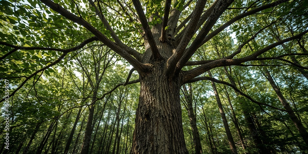 Obraz premium A low angle shot of a large tree with many branches in a forest during the daytime in the summer