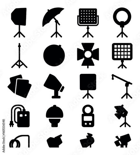 Photography silhouette icon set: lighting, camera, tripod, lens, flash, softbox, reflector, filter, stand