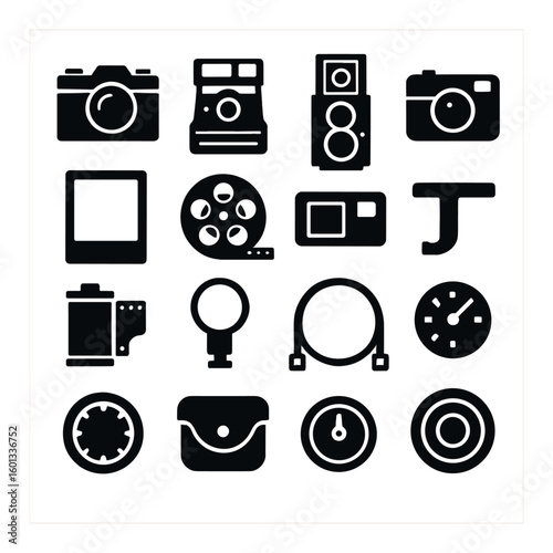 Photography silhouette icon set. containing camera, film, lens, flash, reel, meter, and more.