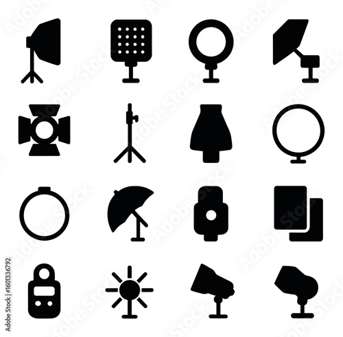 Photography silhouette icon set. containing softbox, tripod, reflector, light, umbrella, camera, lens, and more.
