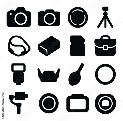 Photography silhouette icon set. includes camera, lens, tripod, flash, sd card, gimbal, camera bag, more.