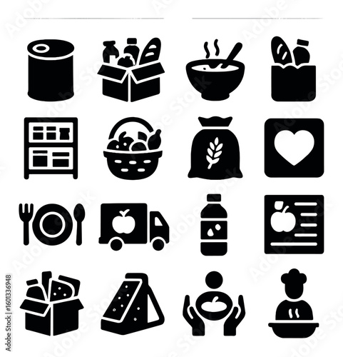 Food donation silhouette icon set: canned goods, basket, soup, bread, shelf, bag, meal, chef