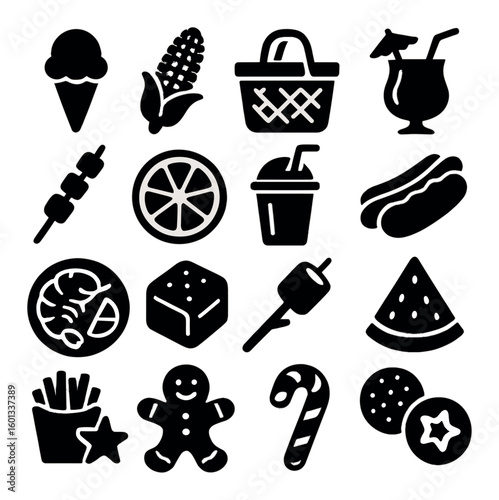 Food silhouette icon set. featuring ice cream, corn, picnic, cocktail, skewer, citrus, soda, hotdog, and more.