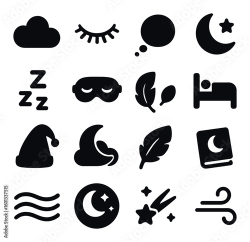 Sleep silhouette icon set. includes cloud, moon, stars, sleep mask, bed, pillow, and more.