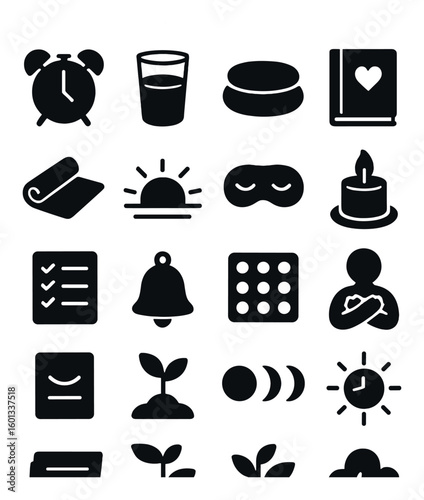 Sleep silhouette icon set: alarm clock, glass, pillow, book, candle, checklist, bell, cloud, calendar