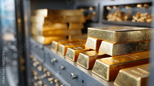 Golden bullion bars stacked in a bank safe, background with shelves of gold blocks, precious metals vault 