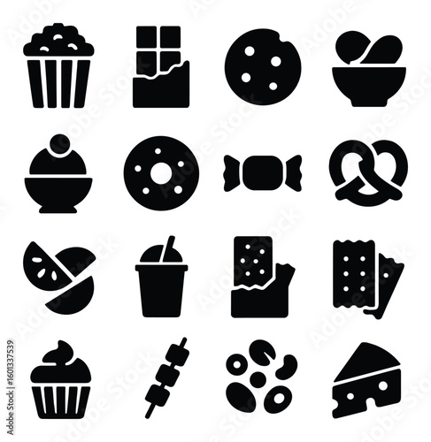 Snack silhouette icon set. featuring popcorn, chocolate, cookies, eggs, candy, pretzel, cupcake, cheese, and more.