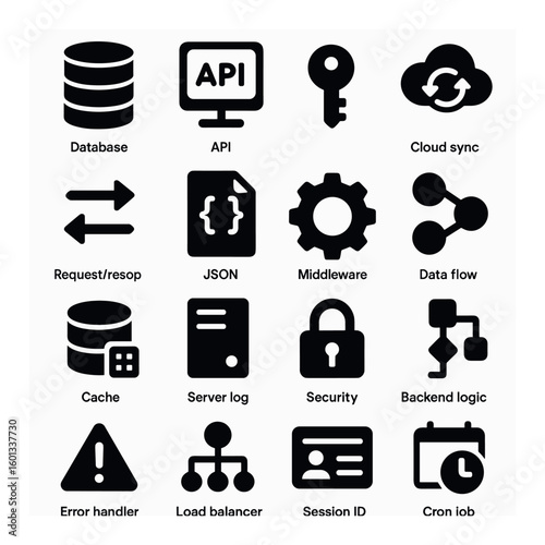 Technology silhouette icon set with database, api, cloud sync, json, security, middleware, and more