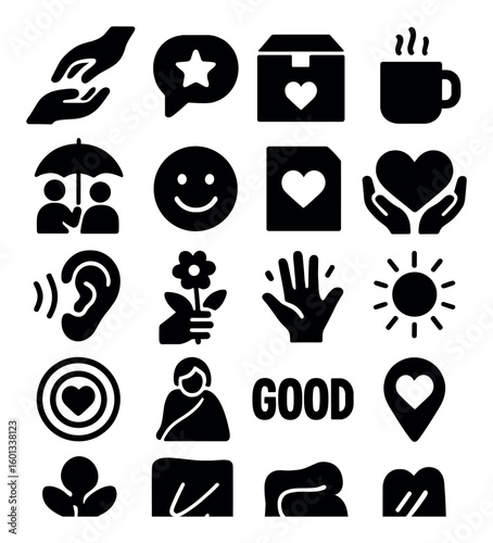 Charity silhouette icon set. including hands, support, package, coffee, umbrella, smile, document, ear, flower, sun, map.