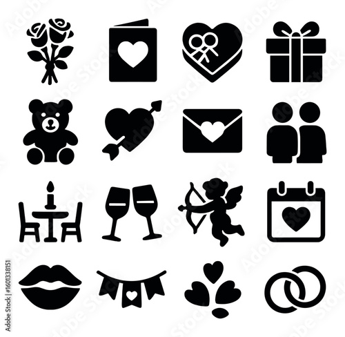 Valentine's day silhouette icon set: roses, card, heart, gift, bear, cupid, envelope, couples, rings