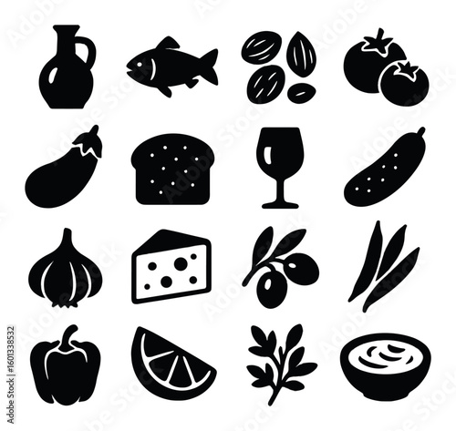 Food silhouette icon set: olive oil, fish, nuts, tomatoes, eggplant, bread, wine, cucumber