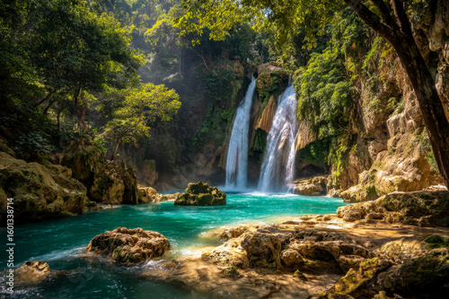 Serene jungle waterfall cascading into turquoise waters