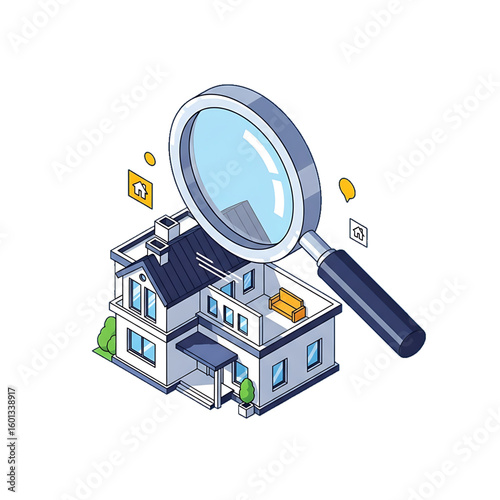 Magnifying glass over house symbolizing property inspection and investment research.