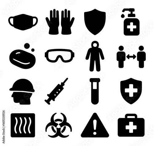 Safety silhouette icon set. containing mask, gloves, shield, sanitizer, soap, goggles, social distance, injection, biohazard