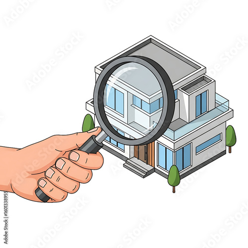 Hand with magnifying glass on house, symbolizing thorough real estate check.