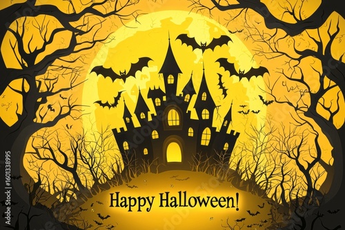 A captivating Halloween-themed illustration featuring a dark castle silhouette framed by twisted trees and a vibrant yellow moon, accompanied by a cheerful greeting, setting an exciting tone.