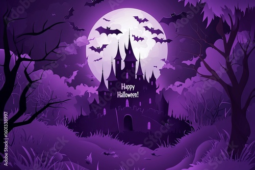 An enchanting illustration featuring a spooky castle surrounded by swirling bats and a large purple moon, enhanced with a playful Halloween message, creating a fun and festive atmosphere.
