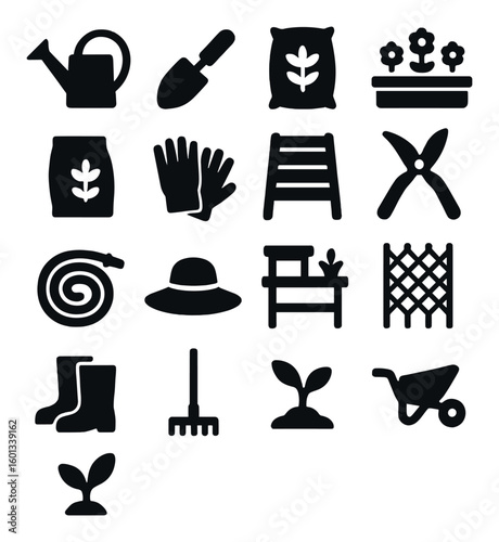 Gardening silhouette icons set: watering can, shovel, fertilizer, gloves, ladder, pruner, and more