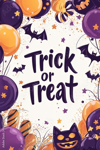 A lively Trick or Treat Halloween design with colorful balloons, bats, and candy, embodying the spirit of celebration and the joy of festivities, perfect for party invitations or decorations.